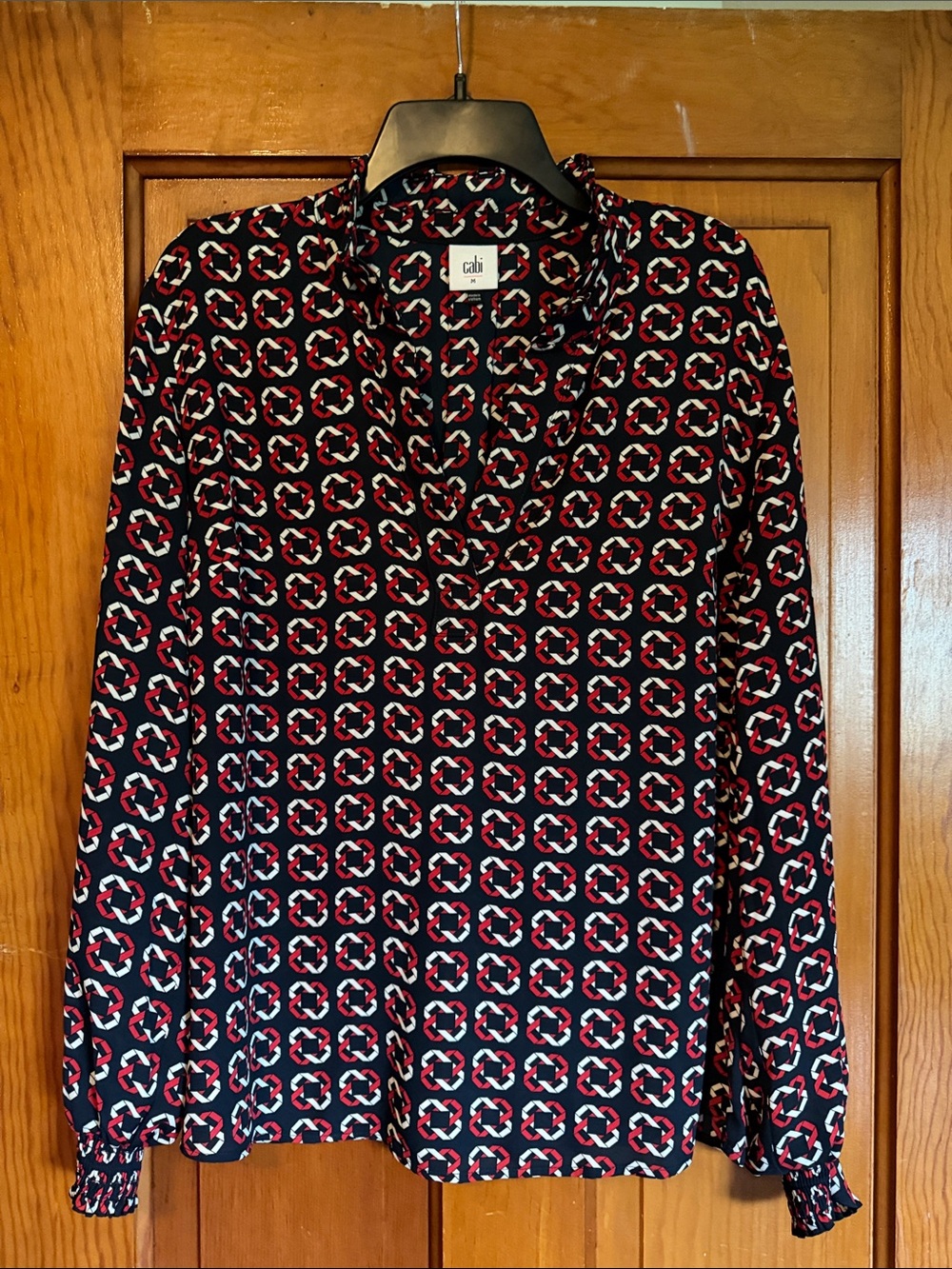 Cabi women’s Navy Shirt with Red and White Geometric Pattern